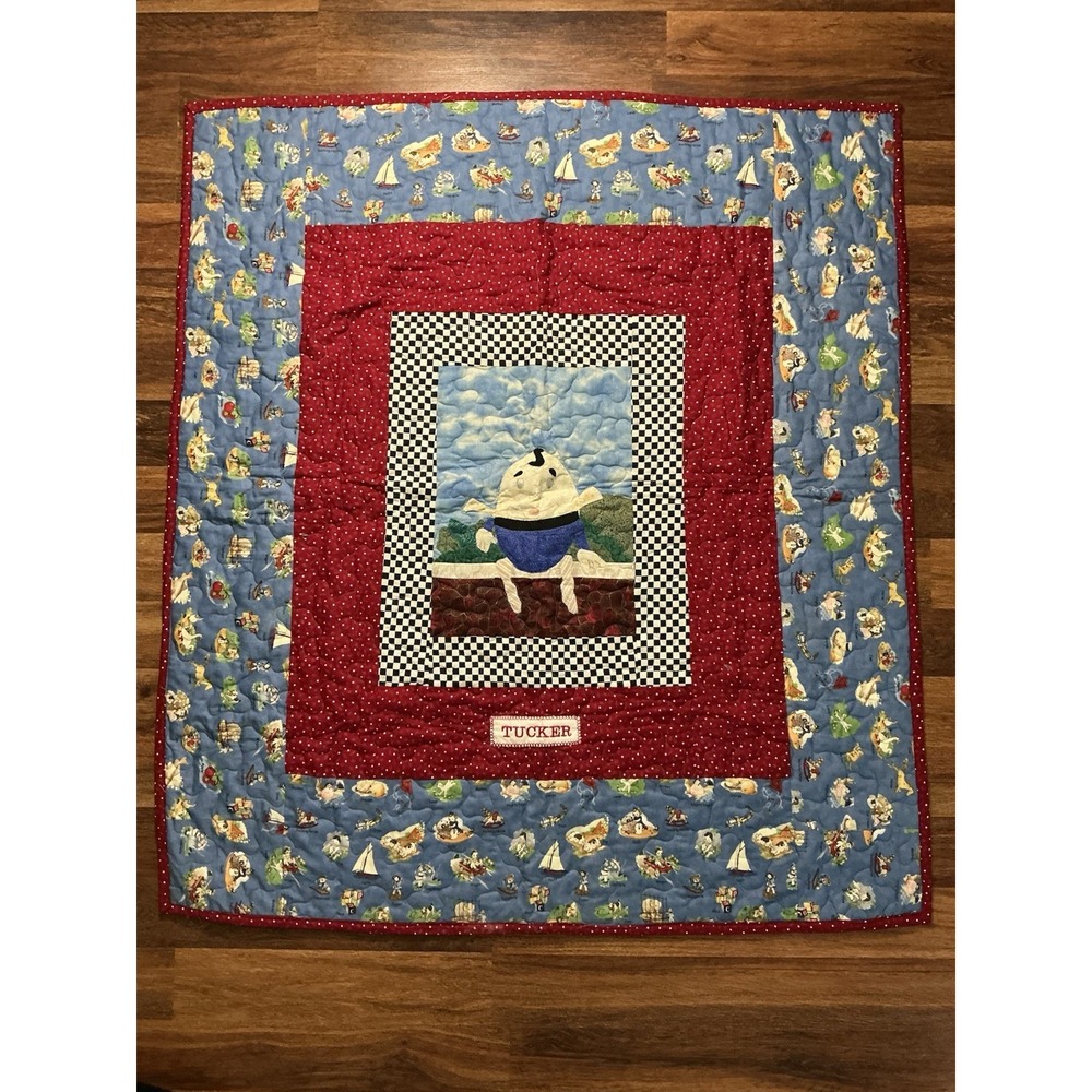 Handmade Baby Quilt Embroidered HUMPTY DUMPTY Red Border Black/White 47in X 42in